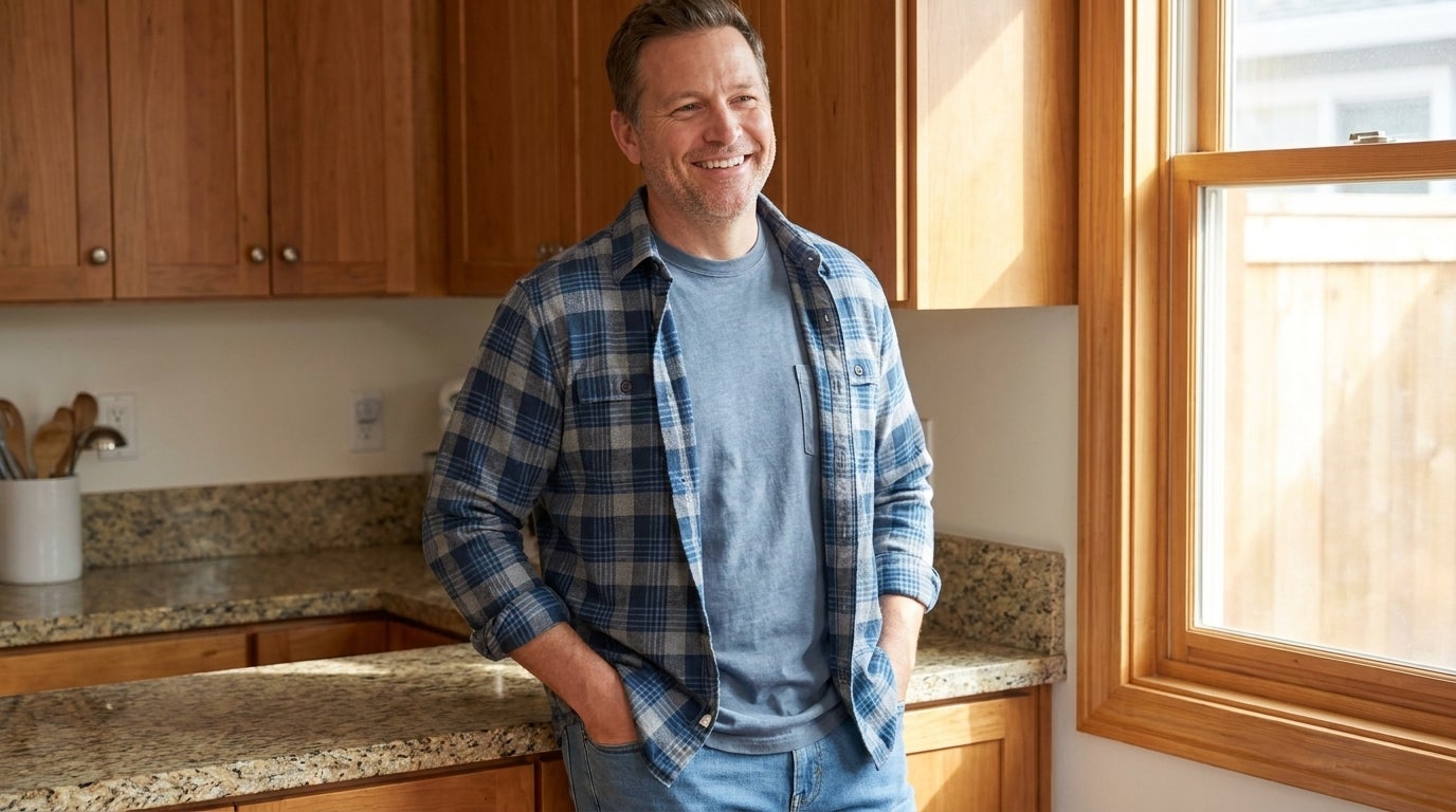 Big and tall man wearing a lightweight long-sleeve crewneck tee under an open flannel shirt