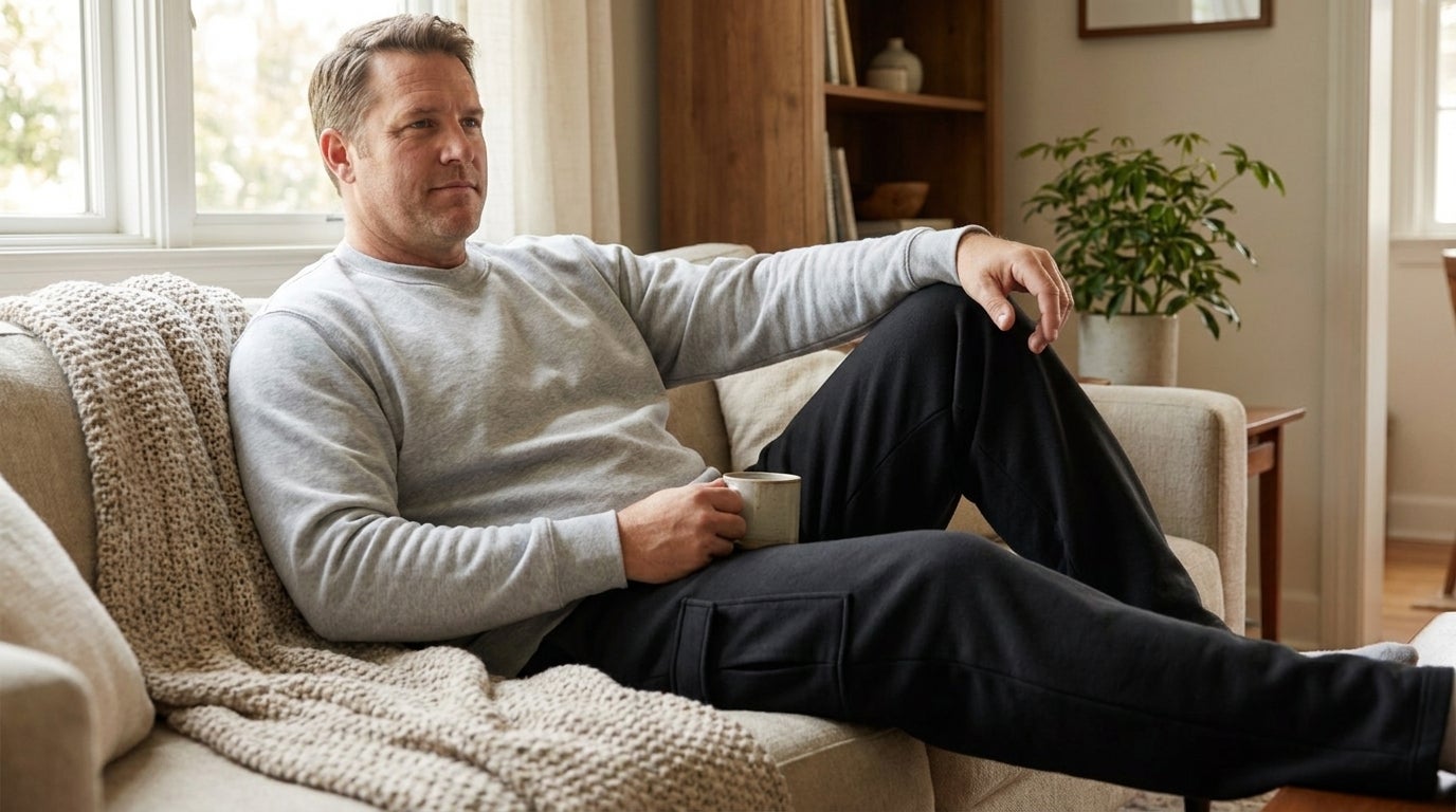 Big and Tall man wearing fleece cargo sweatpants relaxing at home on a couch