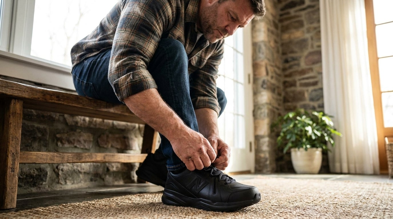 Big and tall man tying a wide-width sneaker while seated on a bench