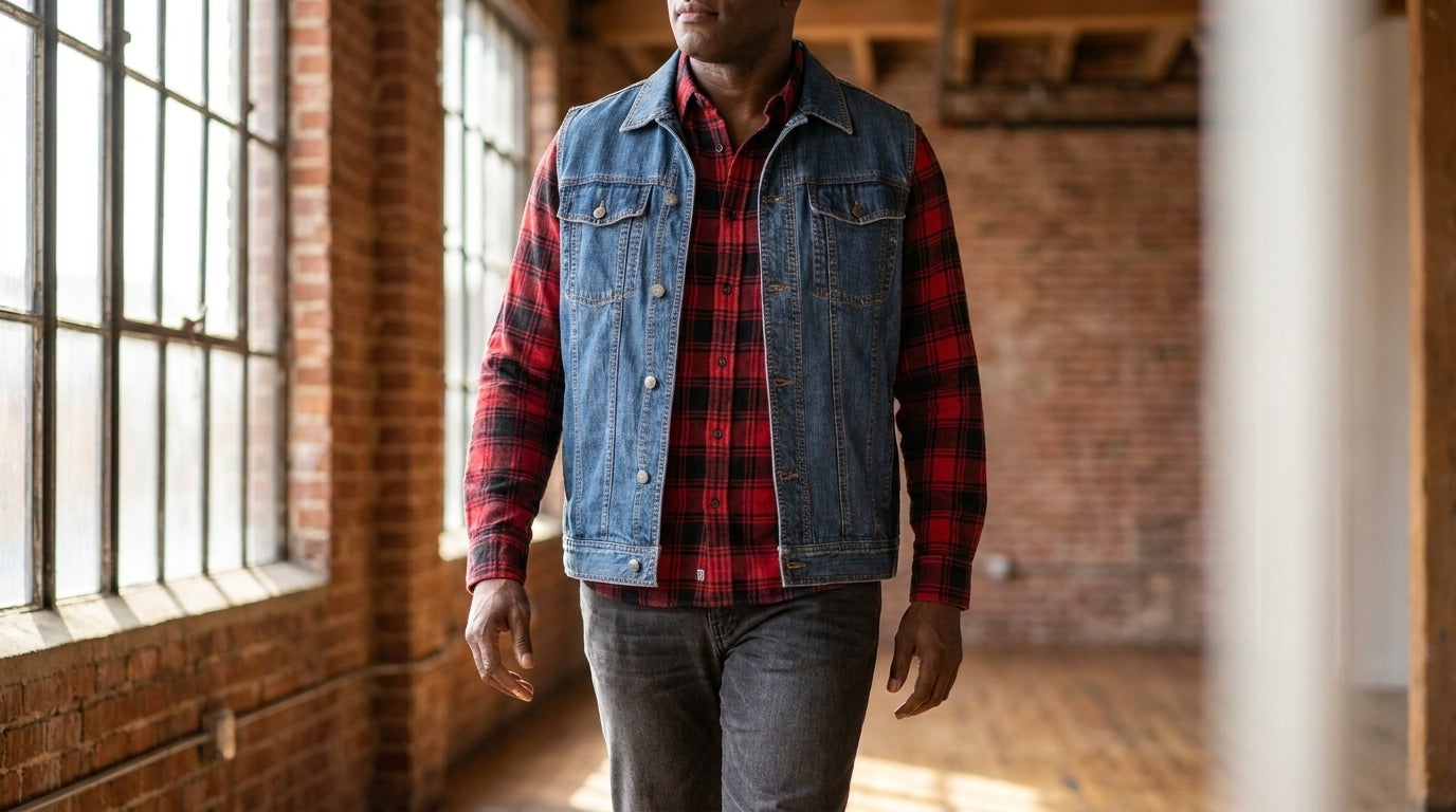 Big and tall man wearing a denim vest layered over a flannel shirt