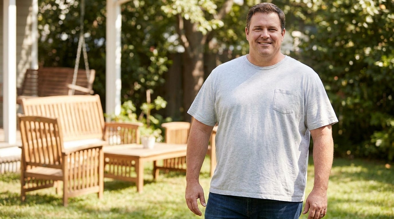 Big & Tall man wearing an ultra-light gray pocket t-shirt outdoors