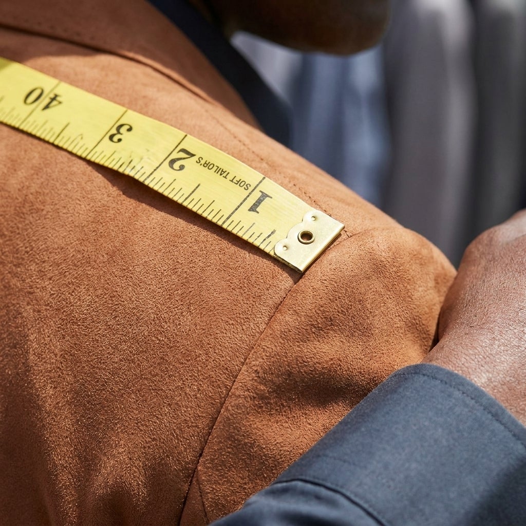 Close-up of a tailor's tape measuring the shoulder seam of a sport coat