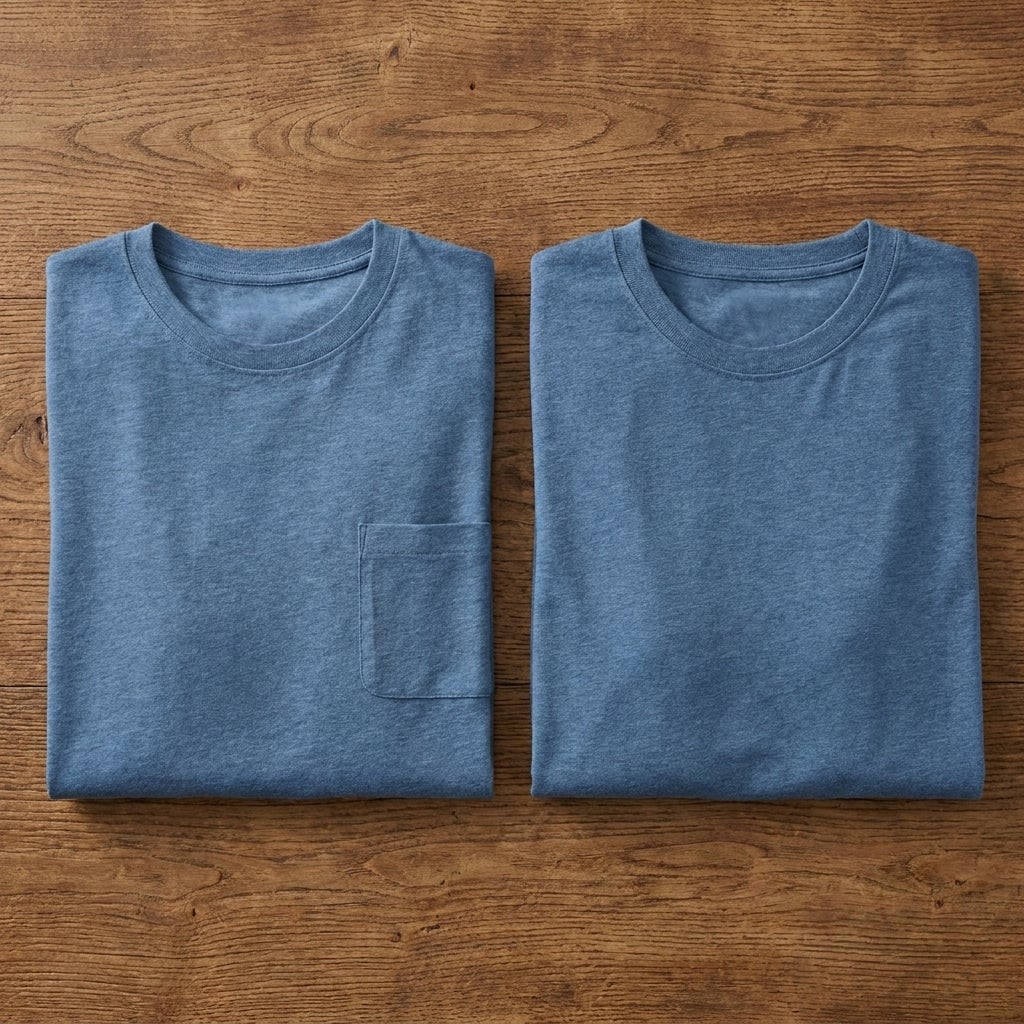 Folded stack of long-sleeve crewneck tees showing pocket and no-pocket front styles