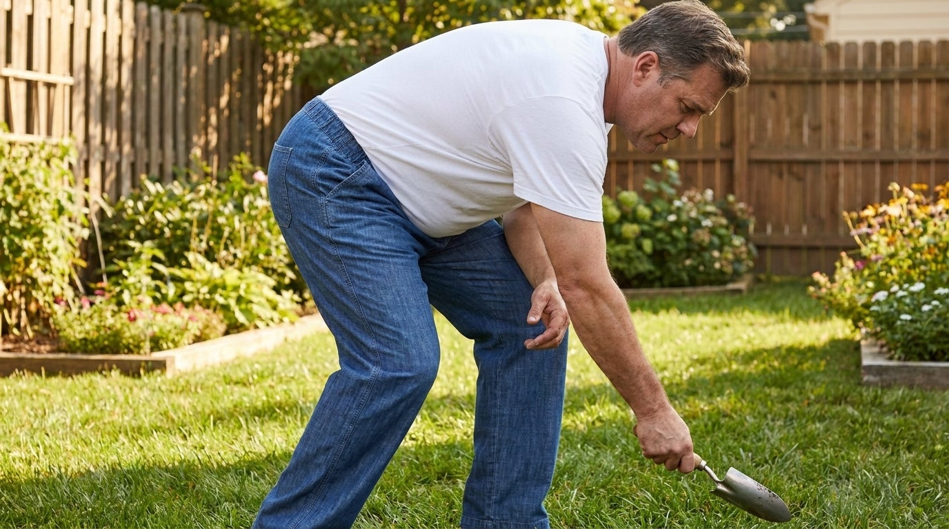 Big and tall man wearing full-elastic waist pants while carrying yard tools outdoors