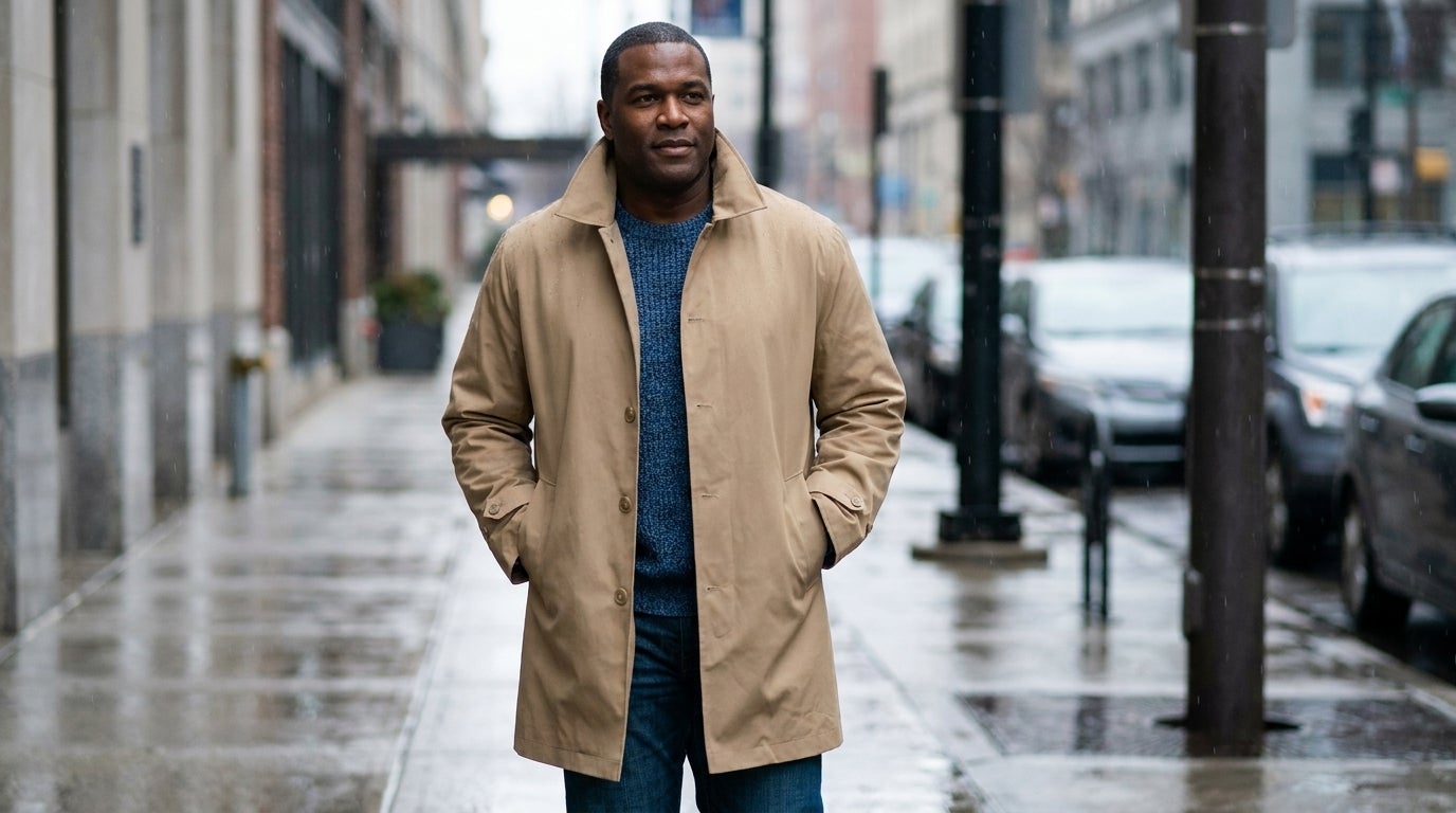 Big and tall man in a water-resistant trench coat walking in light rain on a city street