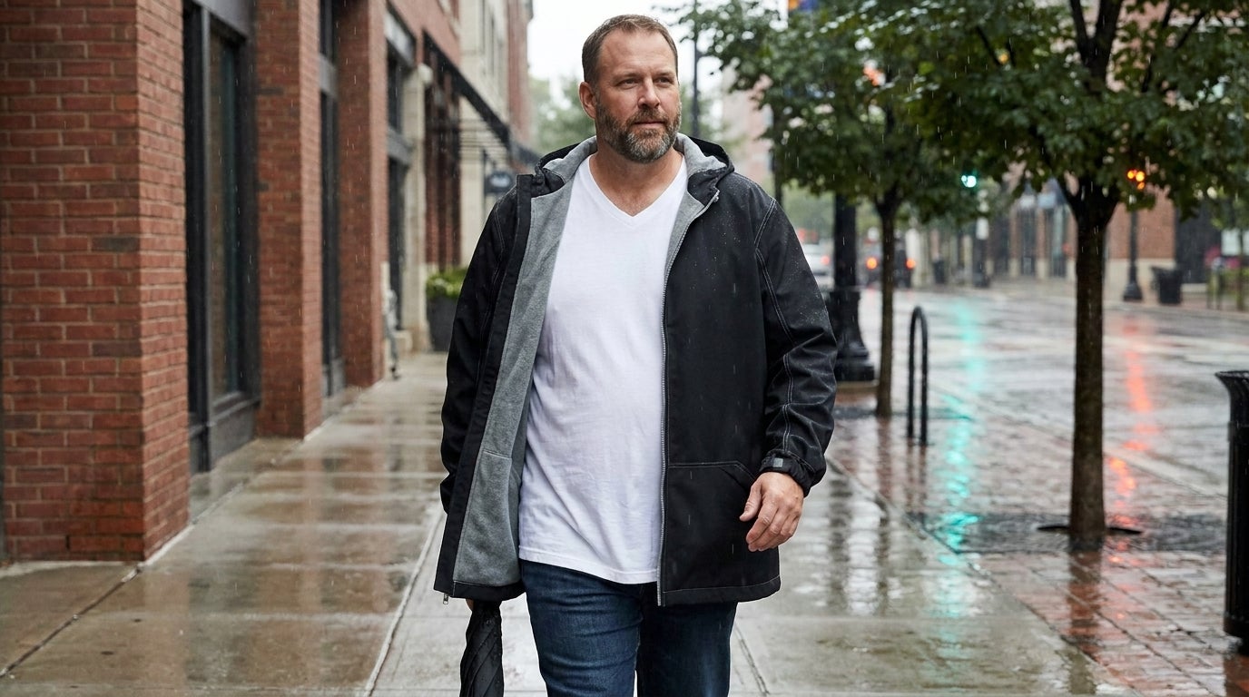Big and tall man in a yellow slicker rain coat walking through rain on a city street