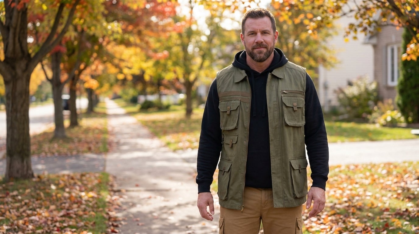 Big and tall man wearing a quilted vest layered over a henley shirt outdoors in fall.
