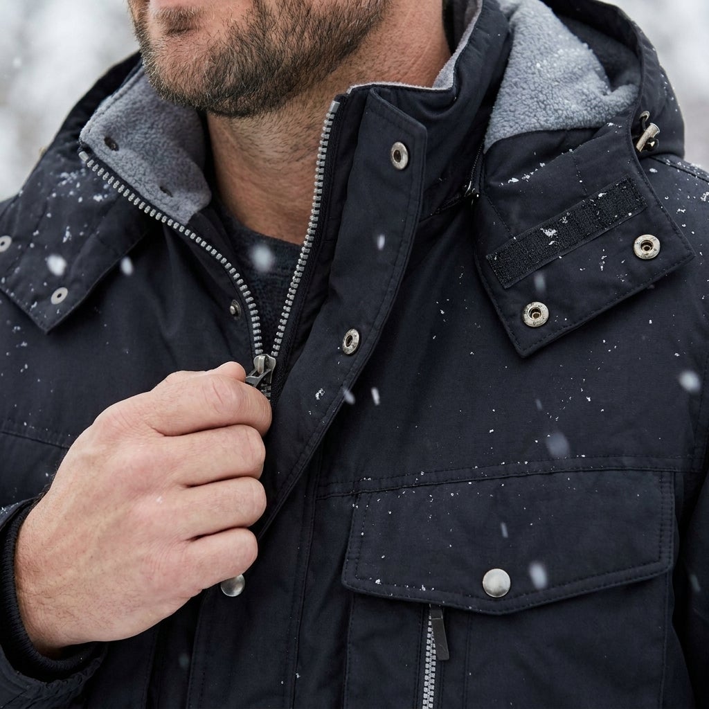 Close-up of a Big and Tall man zipping a fleece-lined parka with a detachable hood in the snow