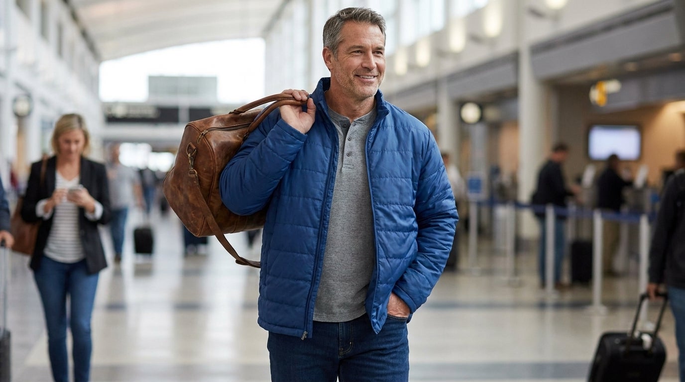 Big and tall man wearing a quilted puffer jacket while walking through an airport terminal